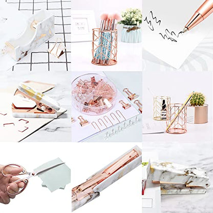 Rose Gold Marble Desk Accessories, Office Supplies Set Stapler Staple Remover, Tape Holder, Pen 2 Ballpoint Pen, Scissor, Binder Clips, Paper Clips and 1000pcs Staples - color: Marble Rose Gold