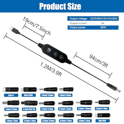 USB C to DC 5V/9V/12V/15V/20V Cable with 16 DC Conversion Heads Adapter and LED Display Screen, 65W USB to DC Power Charger use with PD Charger and PD Power Bank for Speakers, routers, laptops (3.9ft) - color: Black-65W with 16 Adapter DC Cable