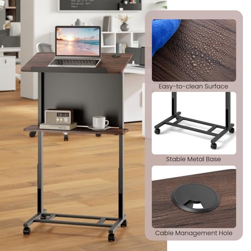 Giantex Mobile Podium Stand, Adjustable Rolling Laptop Desk with 4 Wheels & Tilting Desktop, Sit-to-Stand Lectern Podium Standing Desk w/Storage Shelf & Cable Hole for Classroom Church Home Office (1)