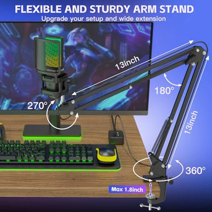 ZealSound Microphone for PC, USB Condenser Gaming Mic with Noise Reduction, Gain Control, Mute, Zero-Latency Monitoring, RGB Lighting, Boom Arm & Tripod Stand for Mac iPhone Android Podcasting TikTok - color: Black