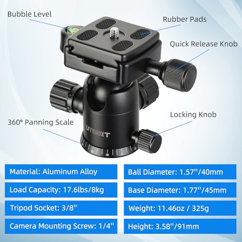 UTEBIT 40MM Metal Ball Head Camera Mount, with 1/4" Screw 3/8" Thread Mount | 360° Panoramic Tripod Head Camera with Quick Release Plate Metal Ball for Monopod, DSLR, Phone, Gopro, Black - style: 40mm Ball Head