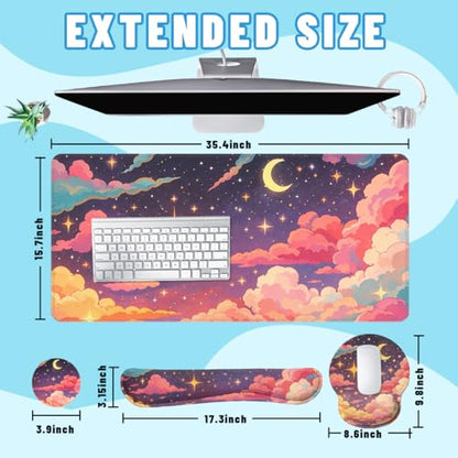 Dreamy Clouds Desk Mat Set Magical Star Night Large Mouse Pad with Wrist Rest 4in1 Desk Mat for Desktop Ergonomic Keyboard Wrist Support Anti-Slip Computer Ergonomic Mouse Pad Home Office Gaming - color: Dreamy Clouds