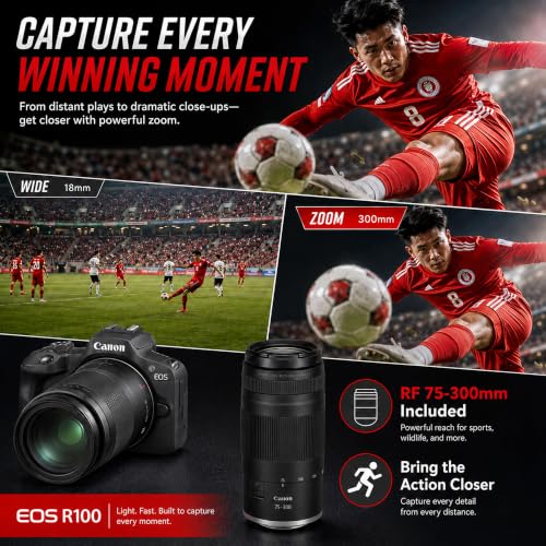 Canon EOS R100 Mirrorless Camera Double Zoom 2 Lens Kit RF-S 18-45mm and RF 75-300mm 6052C111 Bundle with Double Battery, Memory Card, Deluxe Case and Mini Tripod & Accessories - color: Charcoal