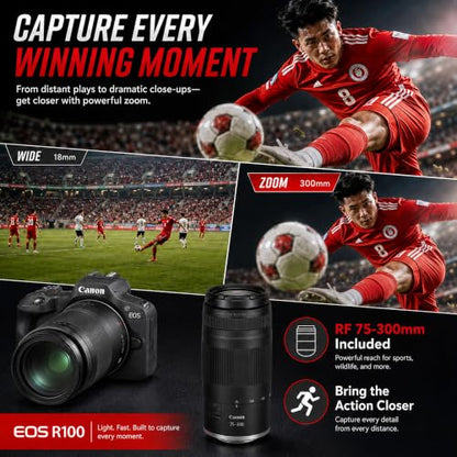 Canon EOS R100 Mirrorless Camera Double Zoom 2 Lens Kit RF-S 18-45mm and RF 75-300mm 6052C111 Bundle with Double Battery, Memory Card, Deluxe Case and Mini Tripod & Accessories - color: Charcoal