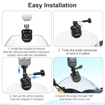 Motorcycle Windshield Clip Camera Mount, Aluminum Alloy Motorbike Windscreen Clamp Mount with 1/4” Adapter for Gopro Hero DJI Action 5 4 3 2 OSMO 360 for insta360 Ace Pro 2 Action Camera