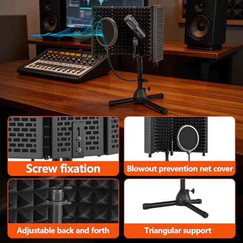 Desktop Microphone Isolation Shield with Tripod Stand Curved Panel, Foldable Microphone Sound Shield, Studio Mic Sound Absorbing Foam Reflector for Studio Recording - size: Standard