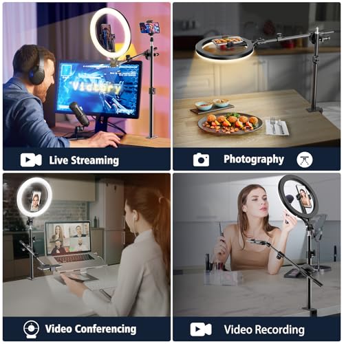 Ring Light with Stand and Phone Holder, Overhead Phone Mount, Phone Stand for Recording, 11” Circle LED Ring Light for Desk with Clamp for Live Streaming, Video Recording, Meeting, TikTok, YouTube