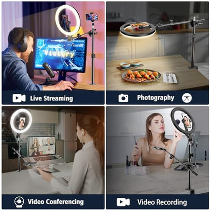 Ring Light with Stand and Phone Holder, Overhead Phone Mount, Phone Stand for Recording, 11” Circle LED Ring Light for Desk with Clamp for Live Streaming, Video Recording, Meeting, TikTok, YouTube