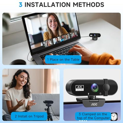AOC 4k Webcam for PC with Microphone, Computer Camera with Noise Cancellation, Privacy Cover, 99° FOV, Plug & Play USB Webcam for Streaming, Conferencing, Zoom, Skype, Facetime, Laptop, PC, Skype - color: Black