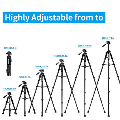 74’’ Camera Tripod,Heavy Duty Camera Stand Tripod,Cell Phone Tripod with Phone Holder, Professional Travel DSLR Tripods Compatible with DSLR Cameras,Cell Phones,Projector,Webcam(Black) - color: Black