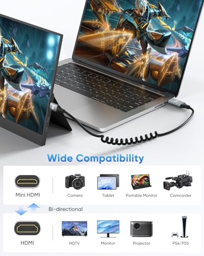 4K Mini HDMI to HDMI Coiled Cable 1FT-3FT for Camera Field Monitor, HDMI to Mini HDMI Coiled Cable Short [Aluminum Shell] 4K@60Hz, 2K, 1080P, HDR, ARC for DSLR, Portable Monitor, Laptop