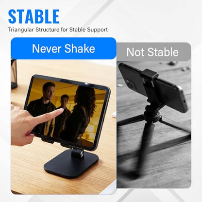 Foldable Desk Phone Stand, Adjustable Phone Holder, Heavy Non-Slip Base, Charging Hole, Thick Case Friendly Cradle for Most Smartphones, iPhone Samsung iPad Tablet Home Office Travel