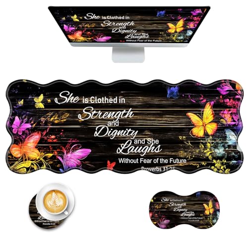 Mouse Pad with Wrist Support + Desk Mat + Coaster 3 in 1 Set, XL Large Gaming Mousepad Ergonomic Mouse Pads for Desk Computer Laptop Office,Floral Butterfly Bible Verse Proverbs 31-25 - color: Floral Butterfly Bible Verse Proverbs 31-25, size: 3 Pcs-XL