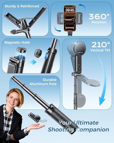 【Extends Up to Max 17"】 Magnetic Phone Tripod & Selfie Stick Tripod for iPhone Android, 4.5" Pocket Travel Stand with Wireless Remote, Detachable Clamp, 360° Rotatable for MagSafe, 4-in-1 Mini Tripod