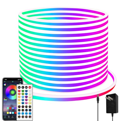 65.6FT Neon Rope Light,IP65 Waterproof RGB LED Strip Lights,Neon LED Lights with 40 Key Remote and APP Control for DIY Design,Multiple Modes for Bedroom,Holiday Decor（with Snap &Screws） - size: 65.6FT