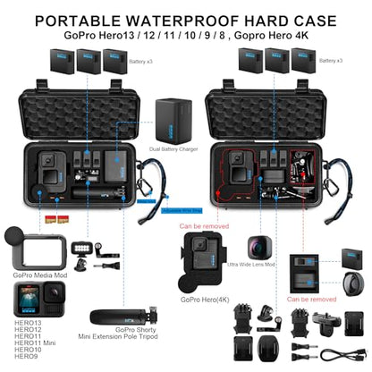 Lekufee Travel Waterproof Hard Case for Gopro Hero 13/12 / 11/10 / 9, Hero 4K, LIT Hero, Media Mod, and Other Accessories(Case & Bag Only)