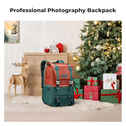 K&F CONCEPT 20L Camera Case for Photographers Large Capacity PU Leather Camera Bags with Raincover, 15.6 Inch Laptop Compartment for Camera Drone Bags - color: 06-orange Green