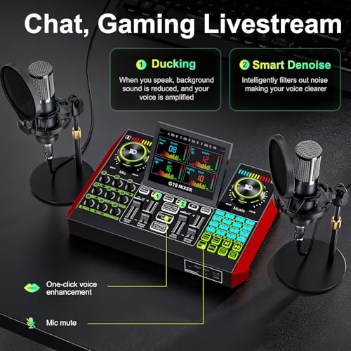 tenlamp G10 Dual Microphone Podcast Equipment Bundle with Live Sound Board Audio Mixer - Two Condenser Mics, Voice Changer, Noise Reduction, for PC/Phone Streaming, Gaming, Singing, Podcast