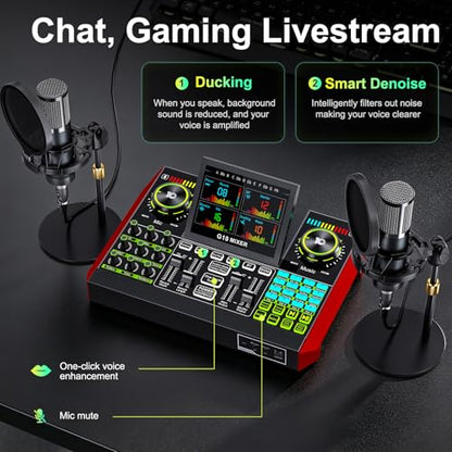 tenlamp G10 Dual Microphone Podcast Equipment Bundle with Live Sound Board Audio Mixer - Two Condenser Mics, Voice Changer, Noise Reduction, for PC/Phone Streaming, Gaming, Singing, Podcast
