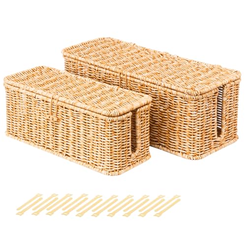 BROWNLILY Cable Management Box, Rattan Style Cord Organizer for Desk Cord Hider Outlet Covers for Power Strip TV PC Router Charger Under Desk Storage with Lockable Lid and Cable Ties - color: Natural, size: Set (L+M)