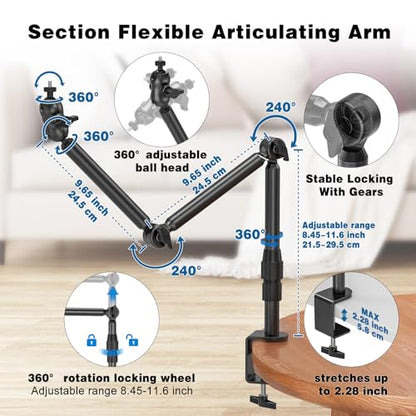 Overhead Camera Mount for Desk, 30.9" Foldable Camera Desk Mount Stand with 1/4" Screws, 360° Rotation 3-Sections Tabletop Holder with C-Clamp for DSLR, Digicam, Webcam, Mini Projector, Microphone