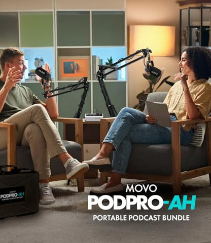 Movo Portable Podcast Equipment Bundle for iPhone/Android Phones- Podcast Kit with Audio Interface, 2 CastMic Dynamic Mics, 2 Stands - For Smartphones, Computers (with Boom Arms and Headphones)