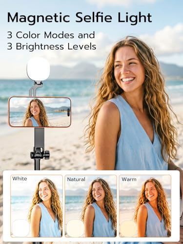 USKEYVISION 69" Magnetic Tripod for iPhone with Light, Selfie Stick with Magnetic Selfie Light & Remote, Extendable Cell Phone Tripod, Vlogging Kit for MagSafe iPhone/Android Video Recording