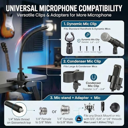 ROCKFREE Microphone Stand with 360° Rotating Base,Heavy-Duty Desk Clamp,8" Flexible Gooseneck Mic Mount,Includes 1/4" to 3/8" & 5/8" Metal Adapters for Shure,Fifine,HyperX,AT2020,Blue Snowball,Razer