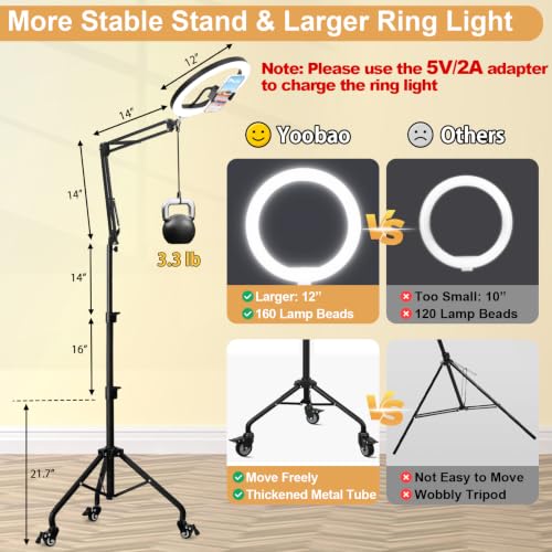 Yoobao 12" Ring Light with Stand, 81" Tripod with Overhead Foldable Arm, Phone Mount & Casters, 3 Light Modes & 10 Brightness, LED Selfie Light for Live Streaming YouTube TikTok Photography