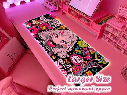 JMIYAV Pink RGB Gaming Mouse Pad 31.5x12 Inch PC XL Large Extended Glowing Led Light Up Desk Pad Non-Slip Rubber Base Computer Cute Mousepad Mat Desk Accessories Gaming Setup 371 - color: Pink Static