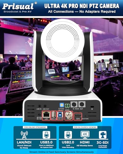 Prisual Ultra 4K PRO NDI PTZ Camera Gen 5, 30x Optical Zoom, 1/1.8" UHD CMOS 8.42MP, 4K 60P AI Tracking, HDMI SDI USB3.0&2.0 for Church, Freed Support(Official NDI 6 & NDI HX3 Certified)TEM-4K30N PRO - color: White
