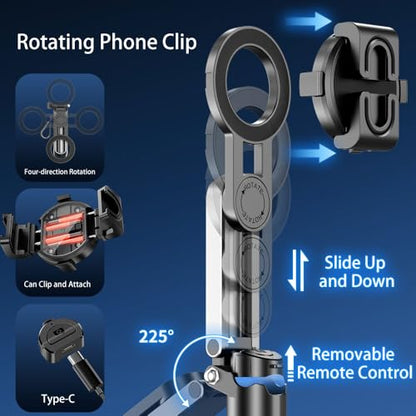 Magnetic Pocket Selfie Stick Compatible with MagSafe for iPhone | 4-in-1 multifunctional selfie stick with wireless remote; portable mini; great for live streaming, travel & outdoor shooting - style: Magnetic