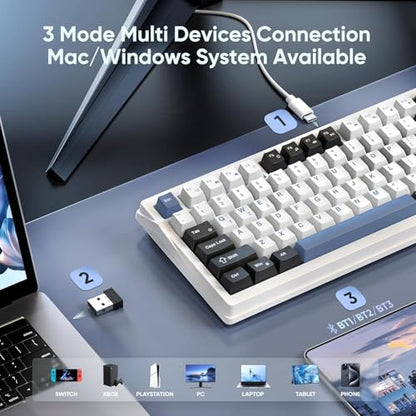 RedThunder K95 Wireless Mechanical Keyboard, TFT Screen & Knob, Tri-Mode BT5.0/2.4GHz/USB-C Hot Swappable Custom, Pre-lubed Linear Switches, Gasket Structure, RGB Gaming Keyboard, Snowy White-Blue - color: Snowy White