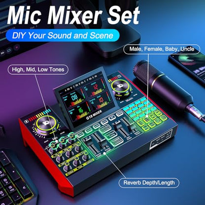 Podcast Microphone Bundle with Live Sound Card Audio Mixer, Podcast Equipment Bundle with 3.5mm BM800 Microphone for Pc/Youtube Live Streaming Singing Gaming, Sound Board with Voice Changer, Denoise