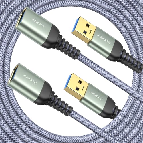 AINOPE 2 Pack USB Extensions Cable High Speed USB 3.0 Extension Cord Type A Male to Female Sturdy Braided Material Fast Data Transfer Compatible with USB Keyboard,Mouse,Flash Drive,Grey,16FT+16FT - color: Grey, size: 16FT+16FT