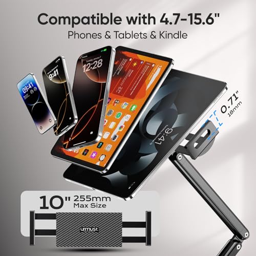 Urmust Tablet Stand for Desk, Adjustable iPad Holder for Bed, 360° Rotation, Sturdy Aluminum Tablet Arm Mount for 4.7"-15.6" iPad Pro/Air/Mini, iPhone, Galaxy Tab, for Kitchen, Work, Video Call - size: 3 Arm-Up to 15.6"