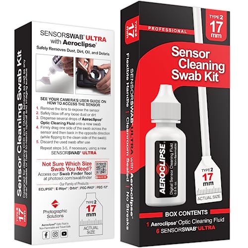 Sensor Cleaning Swab Kit - Aeroclipse Non-Flammable Optic Cleaning Solution (0.5oz/15ml) + Type-2 Sensor Swab Ultra 17mm (Pack of 6) - for APS-C CMOS and CCD Sensors - Dust & Oil Remover - size: 17mm