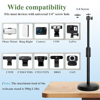 Webcam Stand with Phone Holder, Adjustable Height Desk Camera Mount for Logitech C920 C922 C925e C930e, 1/4" Threaded Desktop Tripod Stand for Live Streaming, Video Conferencing, Online Classes