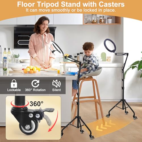 Yoobao 12" Ring Light with Stand, 81" Tripod with Overhead Foldable Arm, Phone Mount & Casters, 3 Light Modes & 10 Brightness, LED Selfie Light for Live Streaming YouTube TikTok Photography