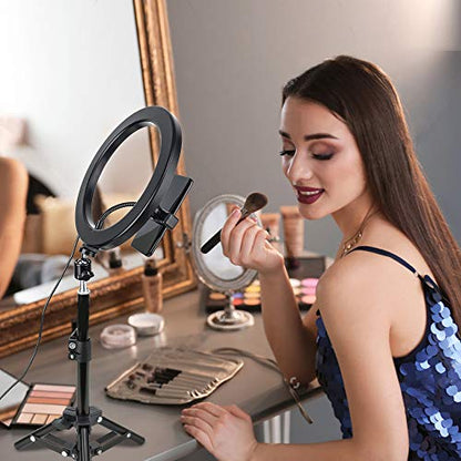 10" LED Selfie Ring Light with Tripod Stand & Cell Phone Holder for Tiktok/Live Stream/Makeup, BONFOTO Dimmable Desktop Camera Ringlight for YouTube Video/Photography Compatible with iPhone/Android