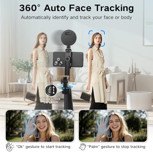 Content Creator Starter Kit,Vlogging Kit for iPhone/Android,70”Auto Face Tracking Tripod 360 Rotation with Light, Wireless Microphones,Selfie Stick Tripod for TikTok & YouTube Starter Kit - color: Black-SM