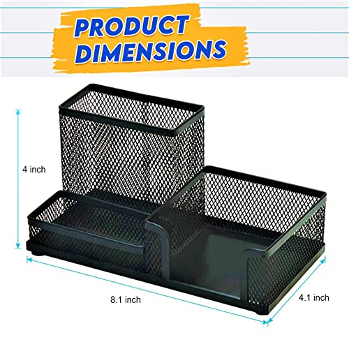 2 Pack 3 in 1 Mesh Pen Holder for Desk, 3 Compartments Pencil Holder Desk Organizer Caddy with Sticky Notes Holder Easy Storage Suitable for Home, Office and School
