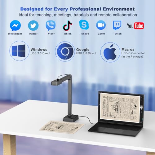 4K Document Camera for Teacher and Classroom, 8MP USB Webcam & Visualiser | A4 A3 Document, Doc Cam with Foldable Alloy Stand, Auto focus, LED Light & Mic, Work with Zoom, Mac, Windows, Chromebook