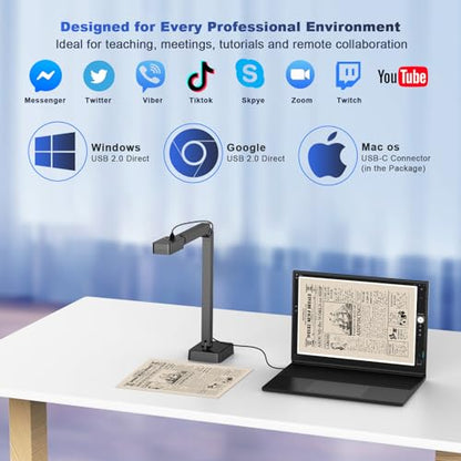 4K Document Camera for Teacher and Classroom, 8MP USB Webcam & Visualiser | A4 A3 Document, Doc Cam with Foldable Alloy Stand, Auto focus, LED Light & Mic, Work with Zoom, Mac, Windows, Chromebook