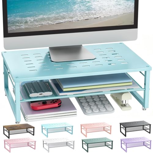 gianotter 2-Tier Metal Monitor Stand Riser, Desk Organizer for Monitor, Office Desk Storage Organizer for Office Supplies (Blue) - color: Blue
