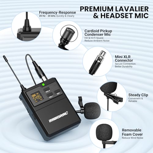 UHF Dual Channel Wireless Lavalier Microphone System-2 Bodypack Transmitters with Headset & Lapel Mics, Rechargeable Receiver, Echo Function,50m/164ft Range 1/4" Output for Recording Karaoke Teaching
