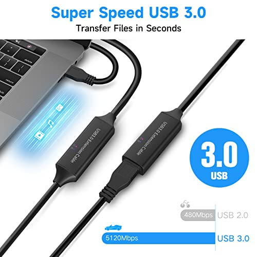 USB 3.0 Active Extension Cable, 32 Feet USB 3.0 Male to Female Extender Cord with 5V 2A Power Adapter, 2 Chipsets Signal Booster for VR, Webcam, Xbox, PS4, Keyboard, Printer, etc