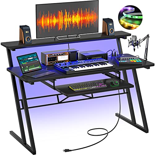 Armocity Music Studio Desk Production Workstation - Recording Studio Desk for Producer with Power Outlet & RGB LED Lights, Studio Workstation for Music Recording, Home Studio Table Desk, Black - color: Rgb Lighting Black