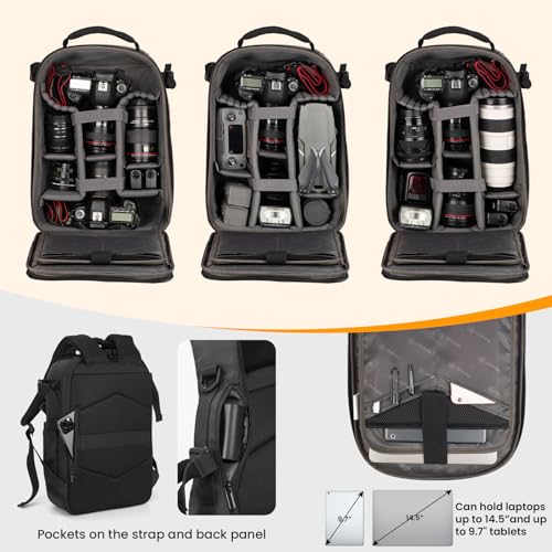 TARION Hardshell Camera Backpack Bag - 3-side Hard Case Professional Camera Bag with 14.5" Laptop Compartment & Waterproof Raincover for photographers Black - TRH - color: Black, size: Large