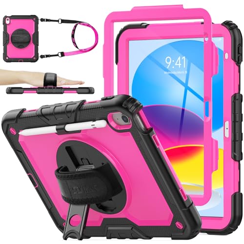 SEYMAC stock Case for iPad (A16) 11th/10th Generation 11''/10.9'' 2025/2022, Full-Body Drop Protection Case with Screen Protector &360° Rotate Hand Strap/Stand, Pink+Black - color: Pink+Black, size: Case for iPad (A16) 11th/10th Generation 11/10.9''